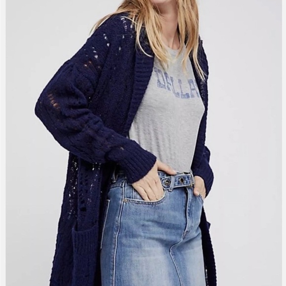 Free People Lemon Drop Alpaca Hooded Oversized Deep Blue Cardigan Small - Picture 2 of 13